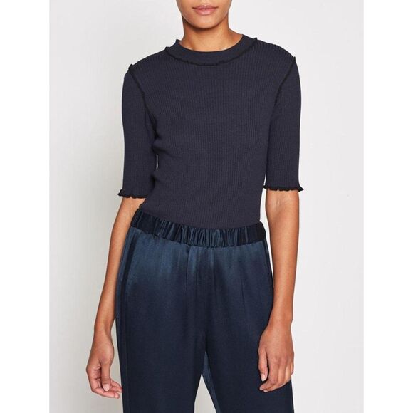 New NWT Joie Thorna Top Mock Neck Ruffled Midnight Blue Ribbed Short Sleeve XL - Picture 1 of 6
